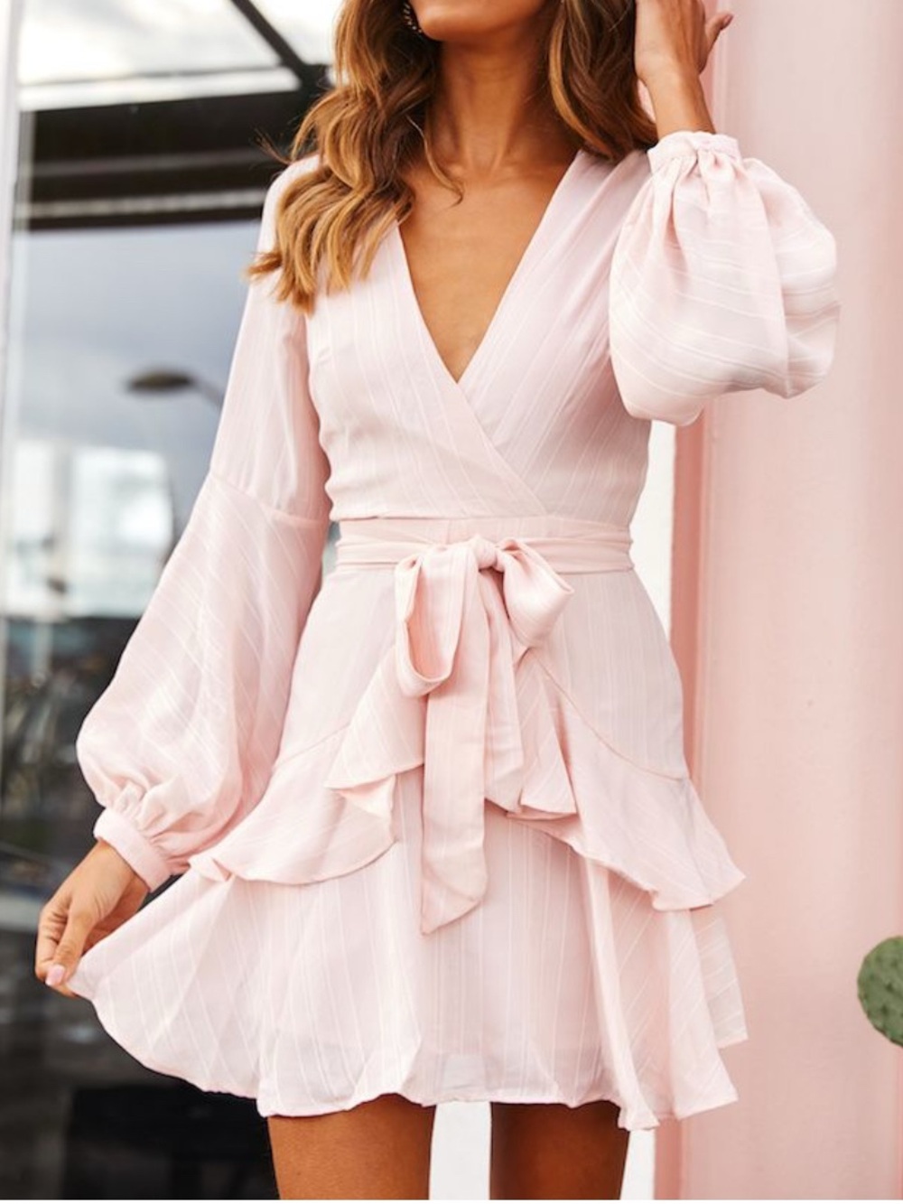 Selfie Leslie Pale Pink Wrap Ruffle Mini Dress